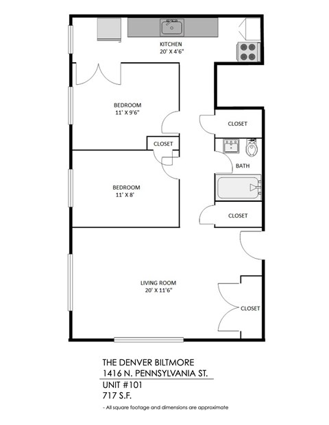 A black and white image of a floor plan for a Denver apartment.
